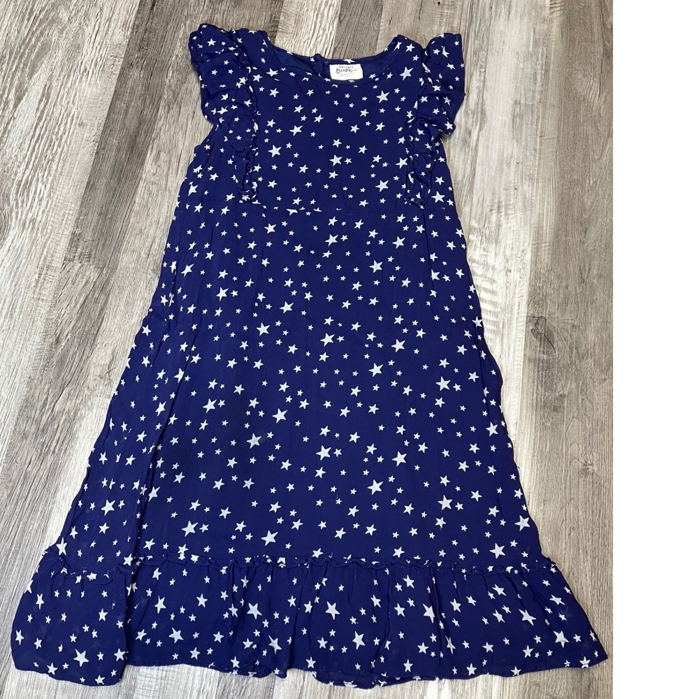 Mini Boden Girls Navy Blue White Star Print Ruffle Flutter Sleeve Dress 7-8Y